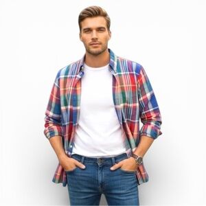 Embassy Row Men’s Button-Down Shirt. Burnt Orange, Red, Blue, Green. Size Large